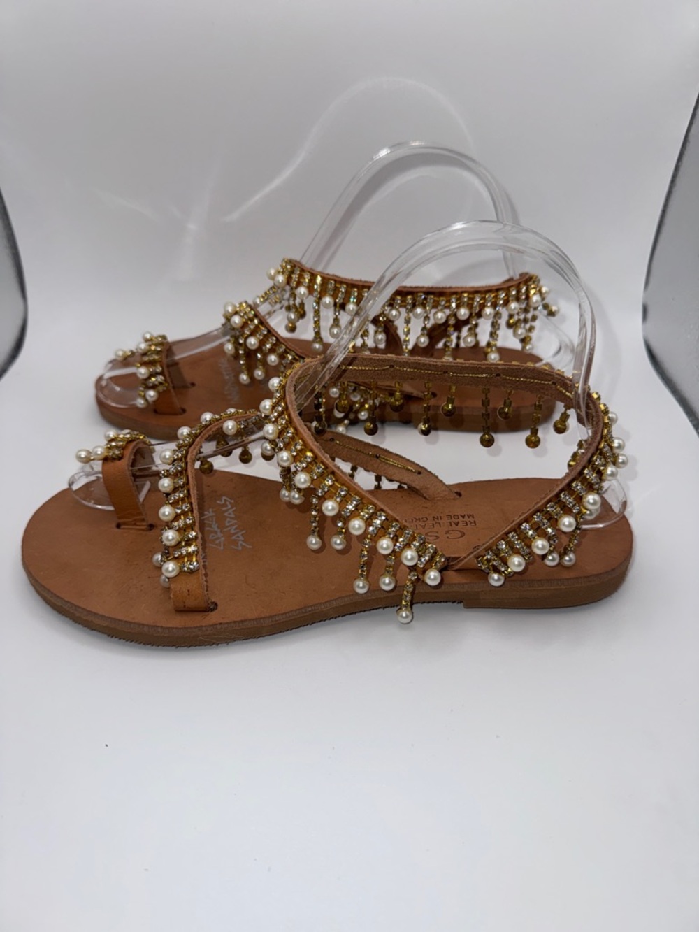 Innovative Greek Sandals GSP Real Leather Pearl Rhinestone Gold Flat Sandal - Picture 2 of 16